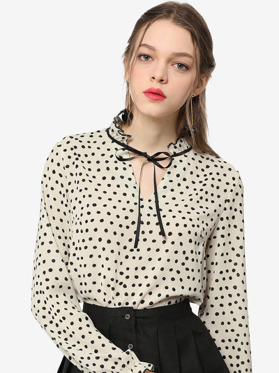 Bow Tie Neck Blouse Ruffled Collar Printed Long Sleeve Vintage Top