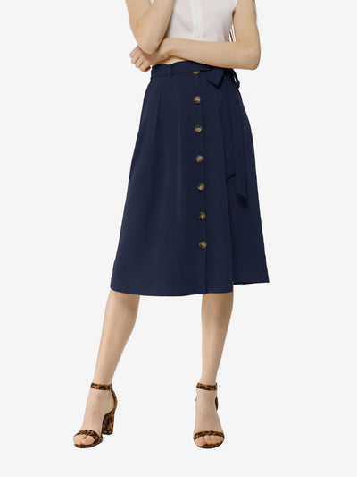 Button Front Casual High Waist Belted Midi Flare Skirt