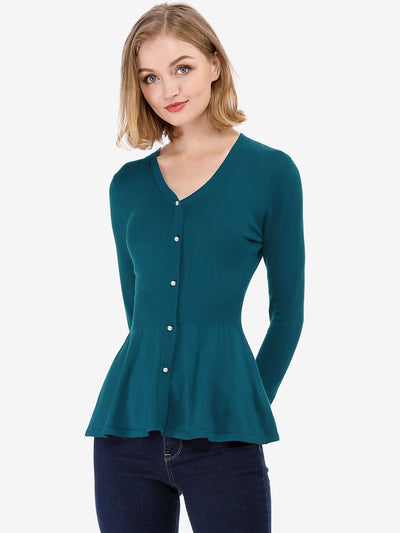 V Neck Long Sleeve Ribbed Pullover Knitted Peplum Top