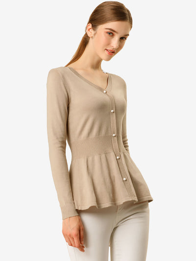 V Neck Long Sleeve Ribbed Pullover Knitted Peplum Top