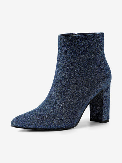 Glitter Pointed Toe Chunky Heel Zipper Ankle Boots