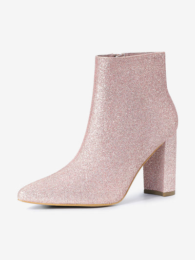 Glitter Pointed Toe Chunky Heel Zipper Ankle Boots