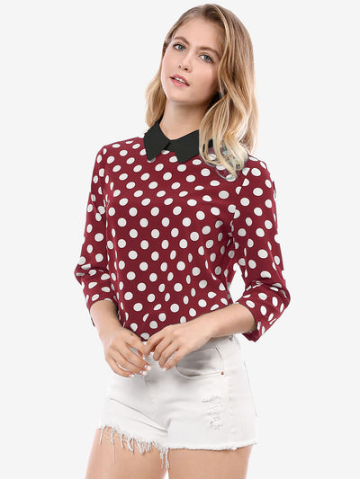 Polka Dots Contrast Peter Pan Collar Top 3/4 Sleeve Blouse Shirt