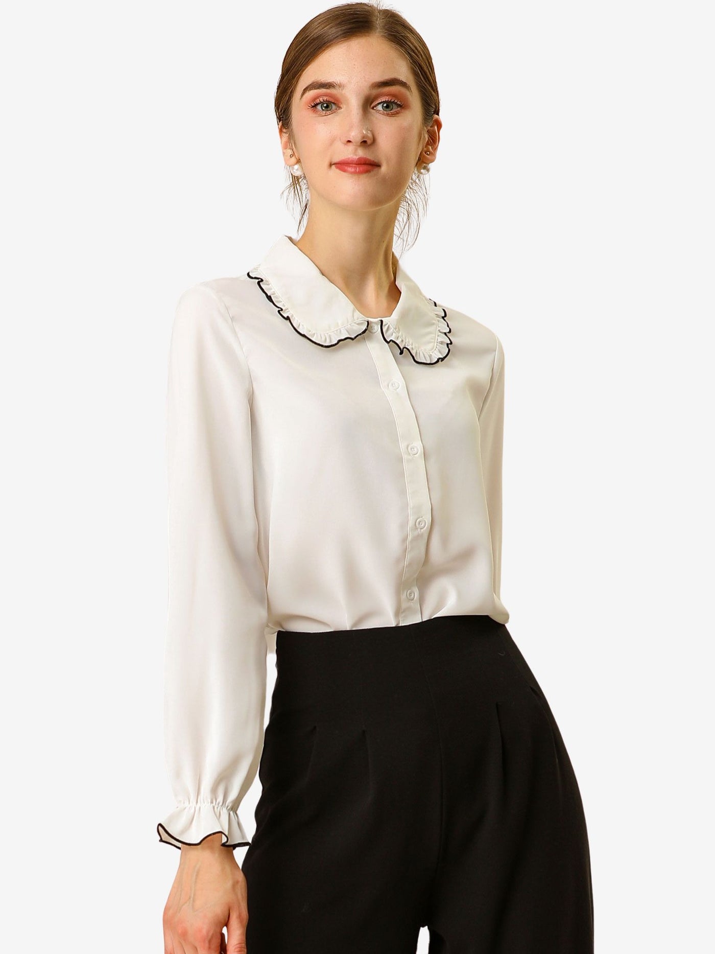 Allegra K Sweet Ruffle Peter Pan Collar Long Sleeve Button Up Shirt