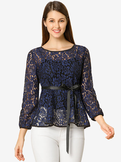 Elegant Tie Waist Long Sleeve Top Lace Peplum Blouses