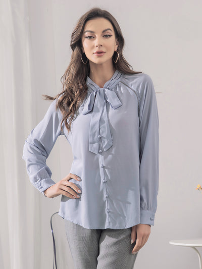 Office Long Sleeve Button Decor Elegant Bow Tie Neck Blouse