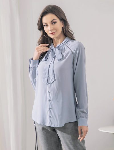 Office Long Sleeve Button Decor Elegant Bow Tie Neck Blouse