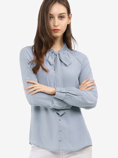 Office Long Sleeve Button Decor Elegant Bow Tie Neck Blouse