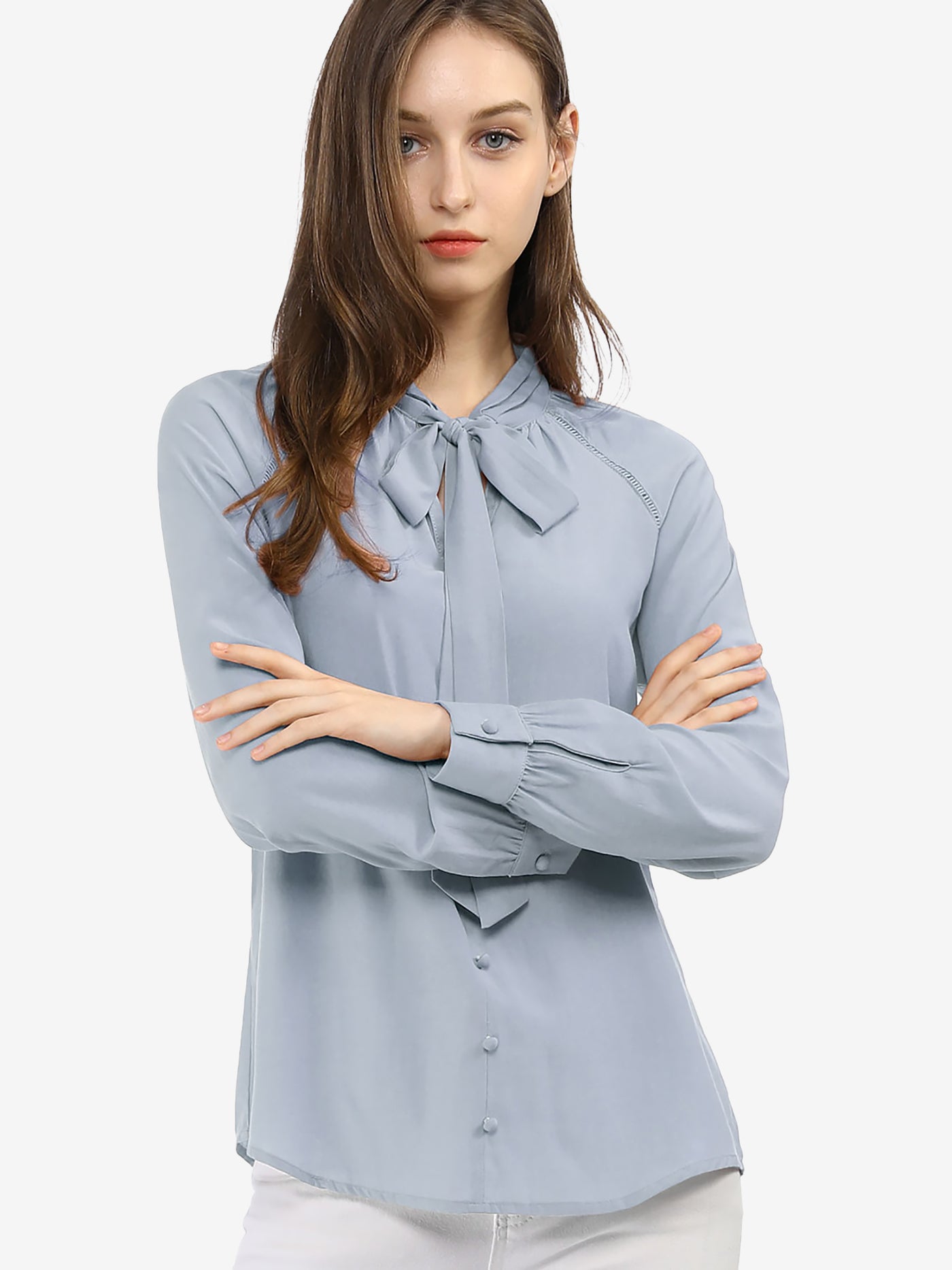 Allegra K Office Long Sleeve Button Decor Elegant Bow Tie Neck Blouse