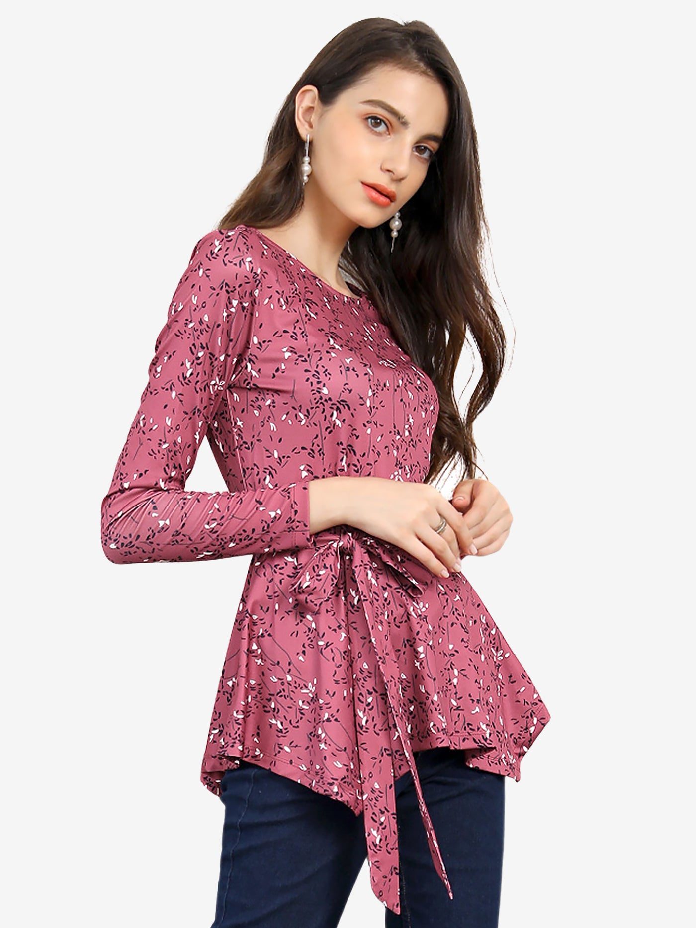 Allegra K Floral Long Sleeve Asymmetrical Ruffle Hem Belted Flare Peplum Tops