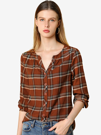 Christmas Plaid Shirt Button Up V Neck Long Sleeve Peasant Blouse