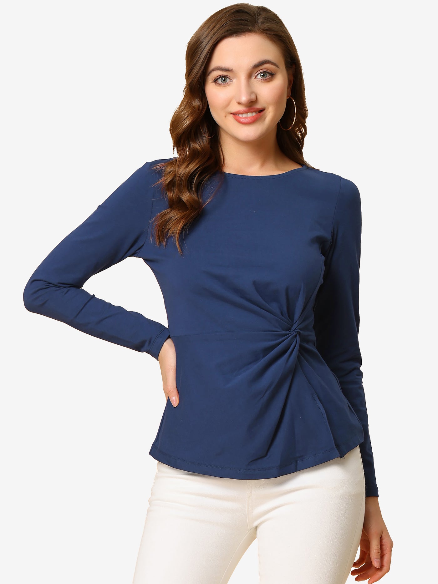 Allegra K Round Neck Front Twist Tops Long Sleeve Blouse T Shirt