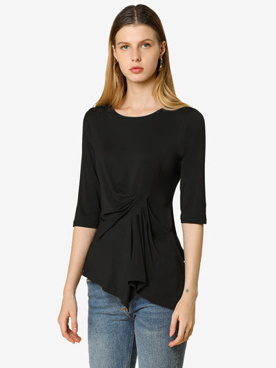 Allegra K Asymmetrical Ruched Top Round Neck Half Sleeve Blouse Shirt