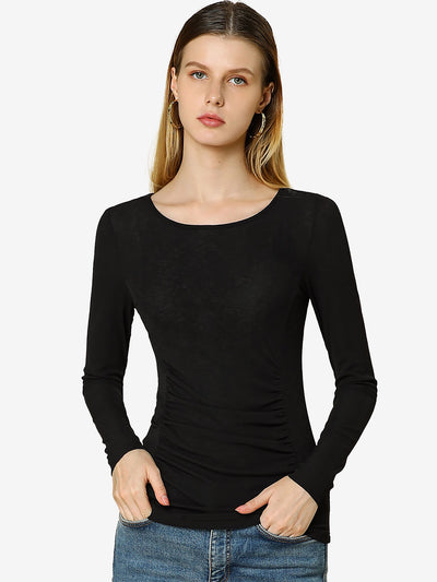 Round Neck Long Sleeve Solid Fitted Ruched Top