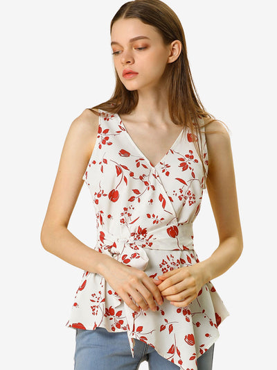 Sleeveless V Neck Tie Waist Asymmetric Hem Floral Peplum Top