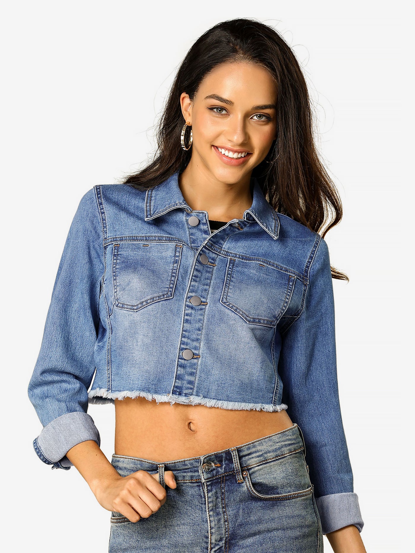 Allegra K Trendy Frayed Button Up Washed Cropped Denim Jacket