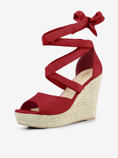 Faux Suede Lace Up Espadrille Wedge Heel Sandals