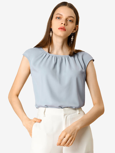 Allegra K Work Business Top Pleated Round Neck Chiffon Cap Sleeve Casual Blouse
