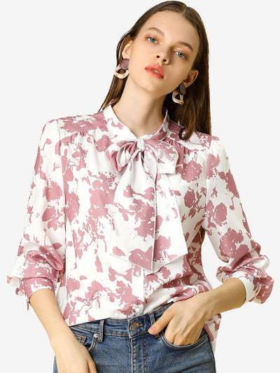 Allegra K Bow Tie Long Sleeve Contrast Color Vintage Floral Blouse