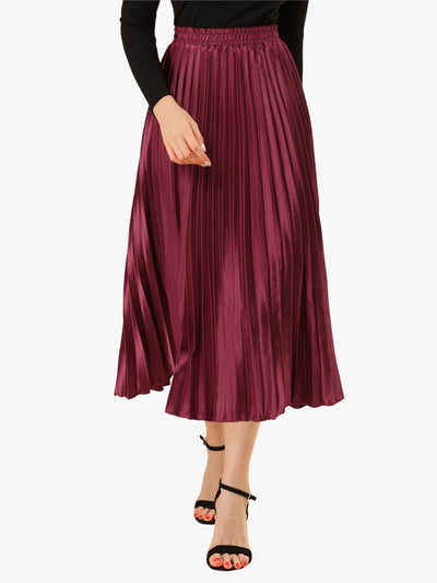 Elastic Waist Metallic Shiny Accordion Pleated Midi Skirt