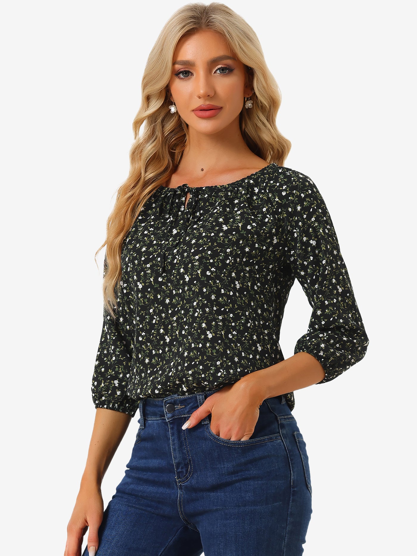 Allegra K Bow Tie Neck 3/4 Raglan Sleeve Floral Blouse Tops