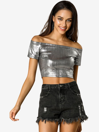 Halloween Off Shoulder Party Club Slim Fit Shiny Metallic Crop Top