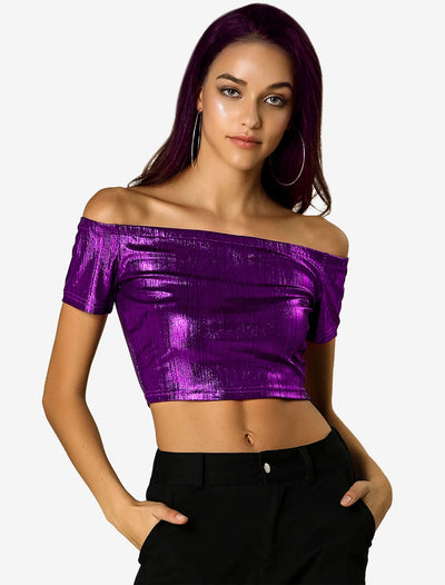 Halloween Off Shoulder Party Club Slim Fit Shiny Metallic Crop Top