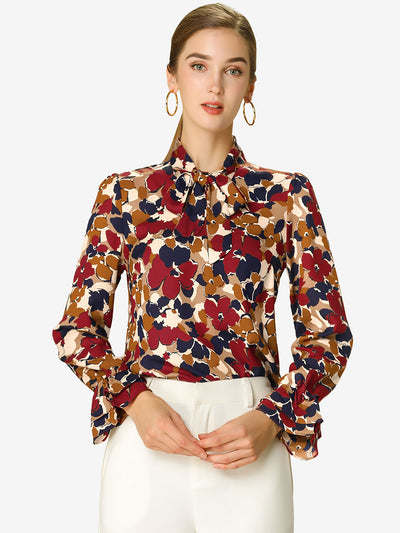 Valentine's Day Floral Tie V Neck Blouse Chiffon Ruffle Trumpet Top