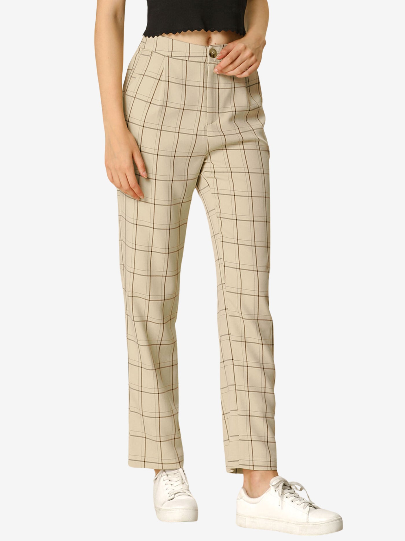 Allegra K Plaid Pants Elastic Waist Casual Work Office Long Trousers