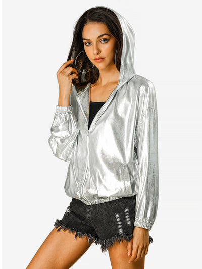 Holographic Party Shiny Lightweight Zipper Hooded Metallic Jacket