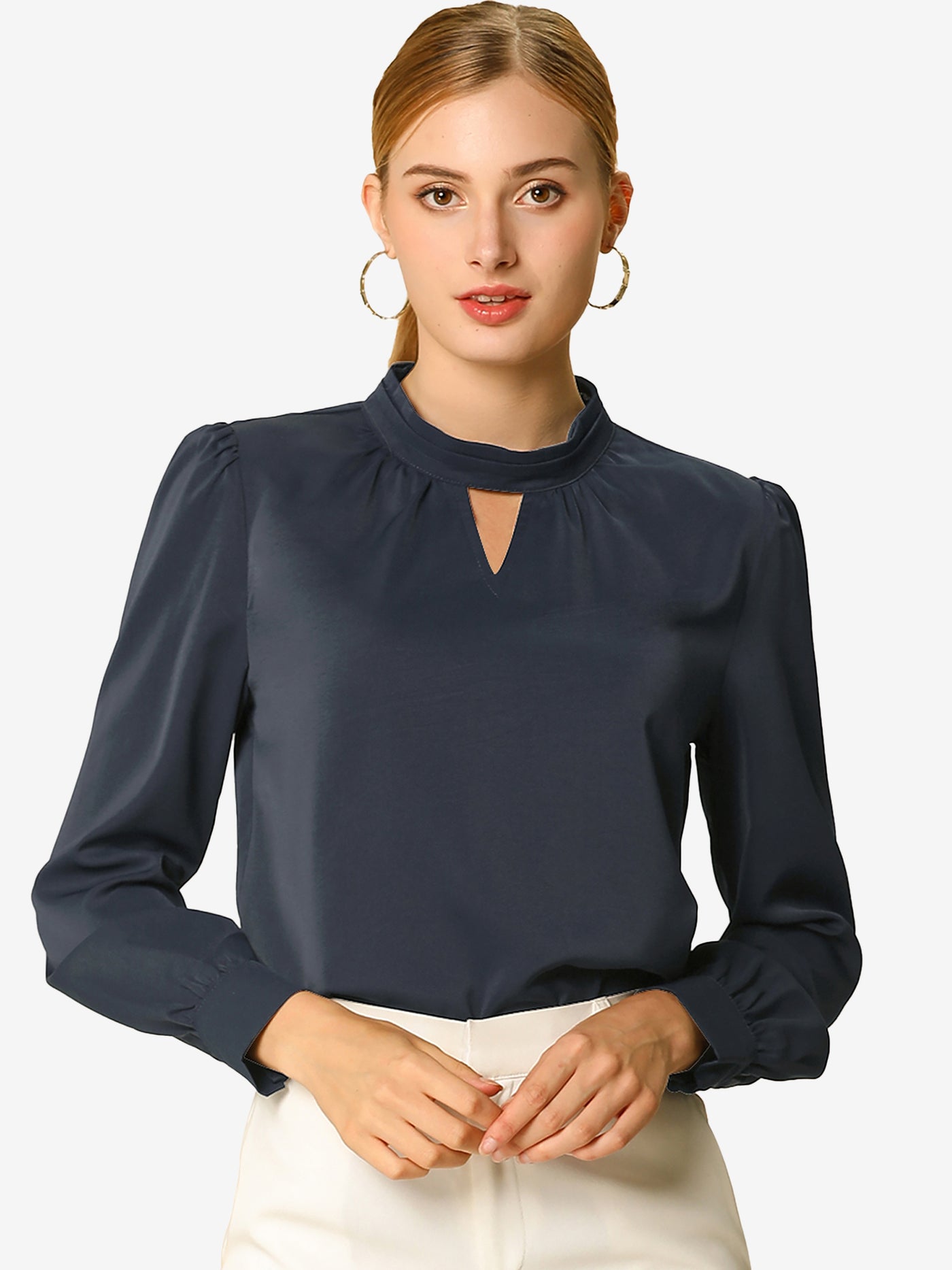 Allegra K Keyhole Elegant Stand Collar Long Sleeve Chiffon Office Blouse