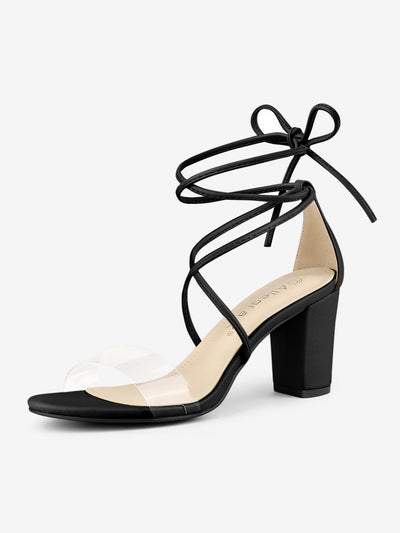 Open Toe Lace Up Clear Strap Block Heel Sandals