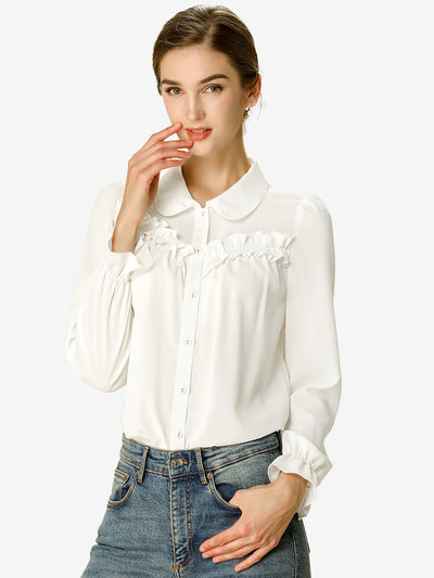 Button Down Ruffle Blouse Long Sleeve Peter Pan Collar Work Shirt Top