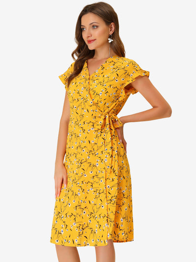 Ditsy Floral V Neck Ruffle Flutter Sleeve Belted Midi Wrap Dress