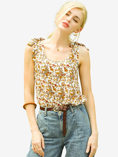 Boho Floral Print Casual Chiffon Tie Shoulders Tank Top