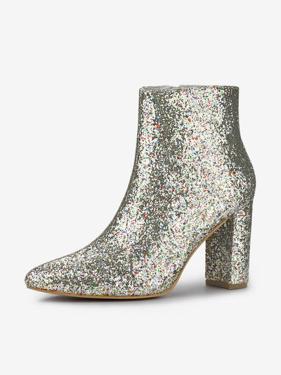 Glitter Pointed Toe Chunky Heel Zipper Ankle Boots