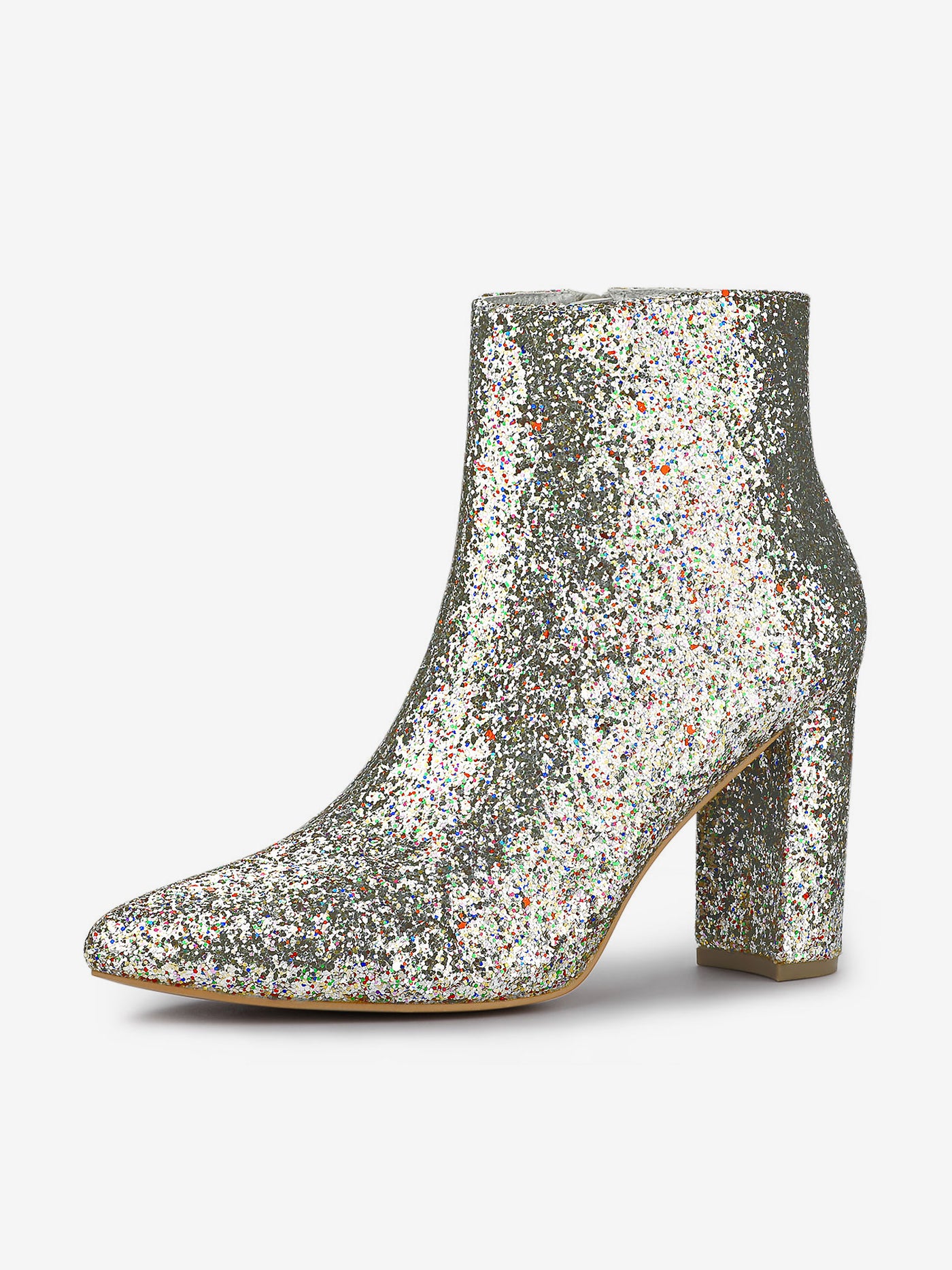 Allegra K Glitter Pointed Toe Chunky Heel Zipper Ankle Boots