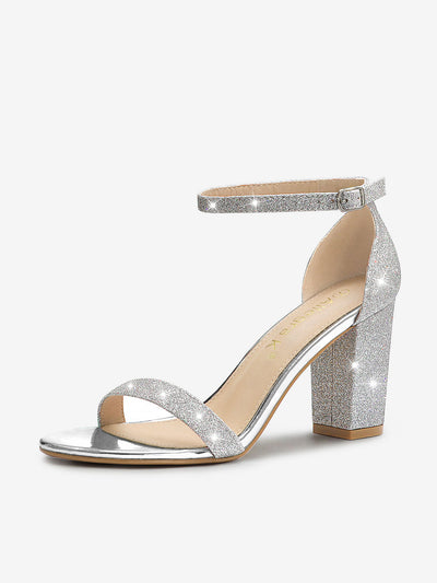 Glitter Ankle Strap Chunky Heel Sandals