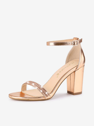 Rhinestone Ankle Strap Chunky Heel Sandals