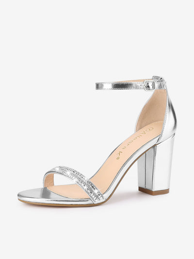 Rhinestone Ankle Strap Chunky Heel Sandals