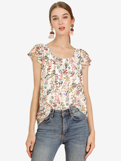 Chiffon Ruffle Sleeve Top Layered Vintage Ditsy Floral Blouse