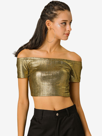 Halloween Off Shoulder Party Club Slim Fit Shiny Metallic Crop Top