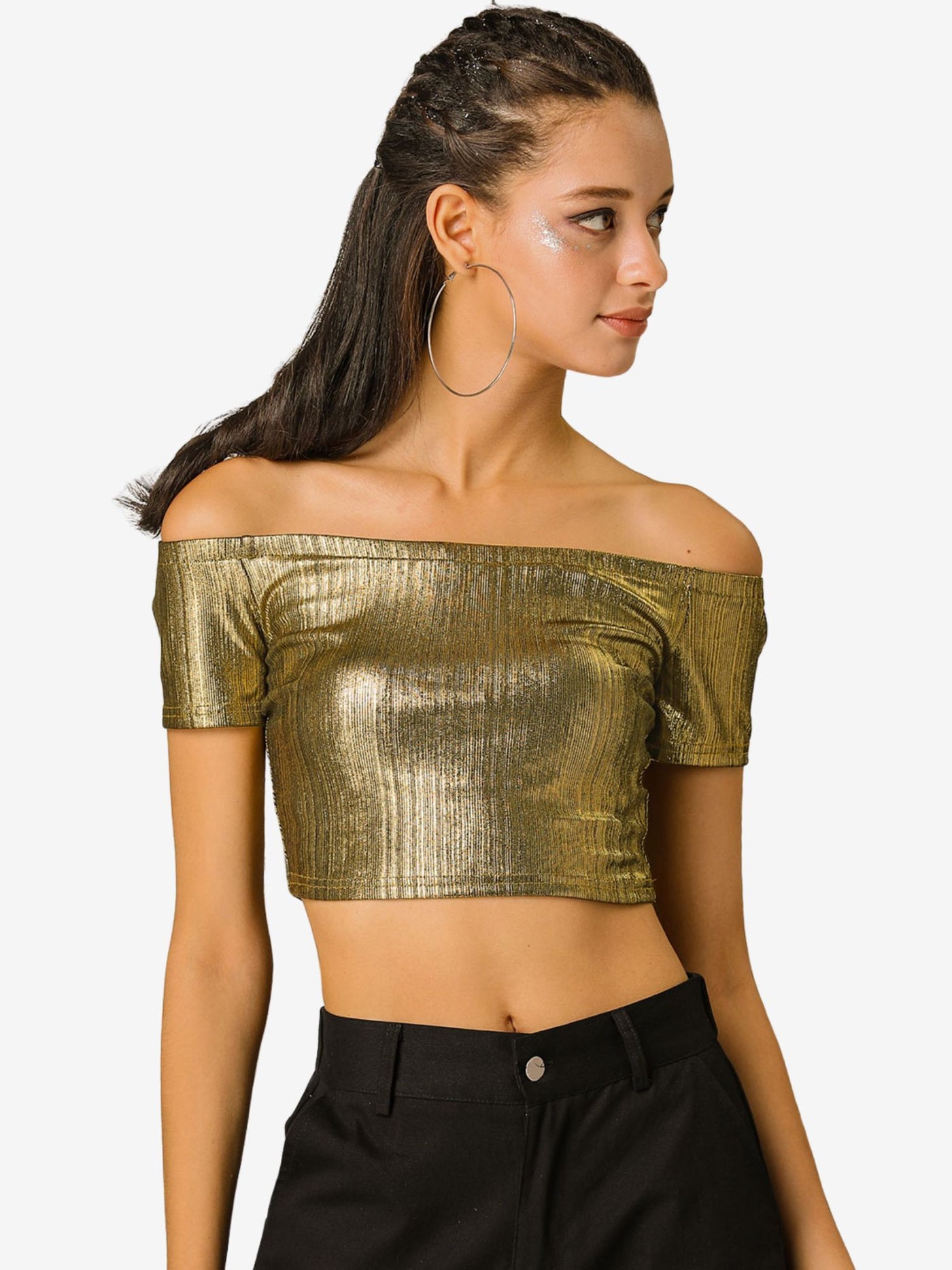 Allegra K Halloween Off Shoulder Party Club Slim Fit Shiny Metallic Crop Top