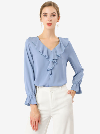 Polyester H Line Ruffle Neck Gathered Cuff Blouse