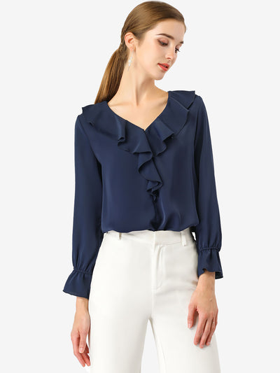 Ruffle Neck Gathered Cuff Long Sleeves Blouse