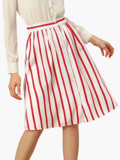 Striped Button Front Elastic Back Waist A-Line Midi Skirt