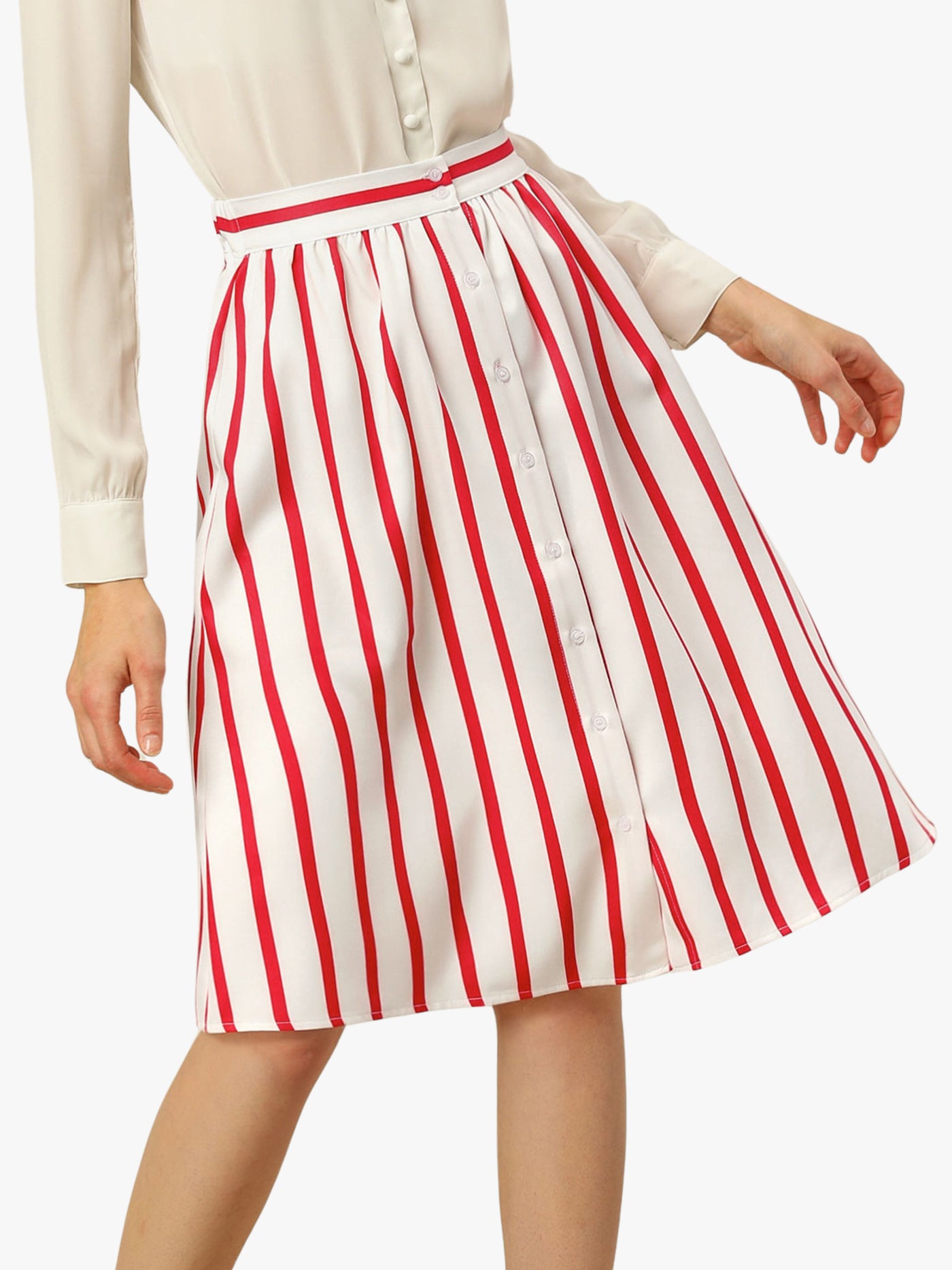 Allegra K Striped Button Front Elastic Back Waist A-Line Midi Skirt