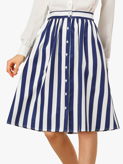 Striped Button Front Elastic Back Waist A-Line Midi Skirt