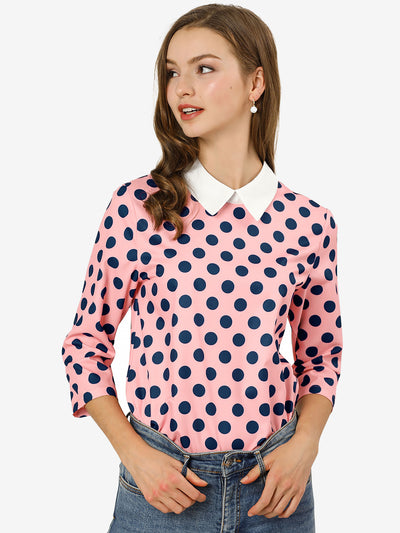 Polka Dots Contrast Peter Pan Collar Top 3/4 Sleeve Blouse Shirt