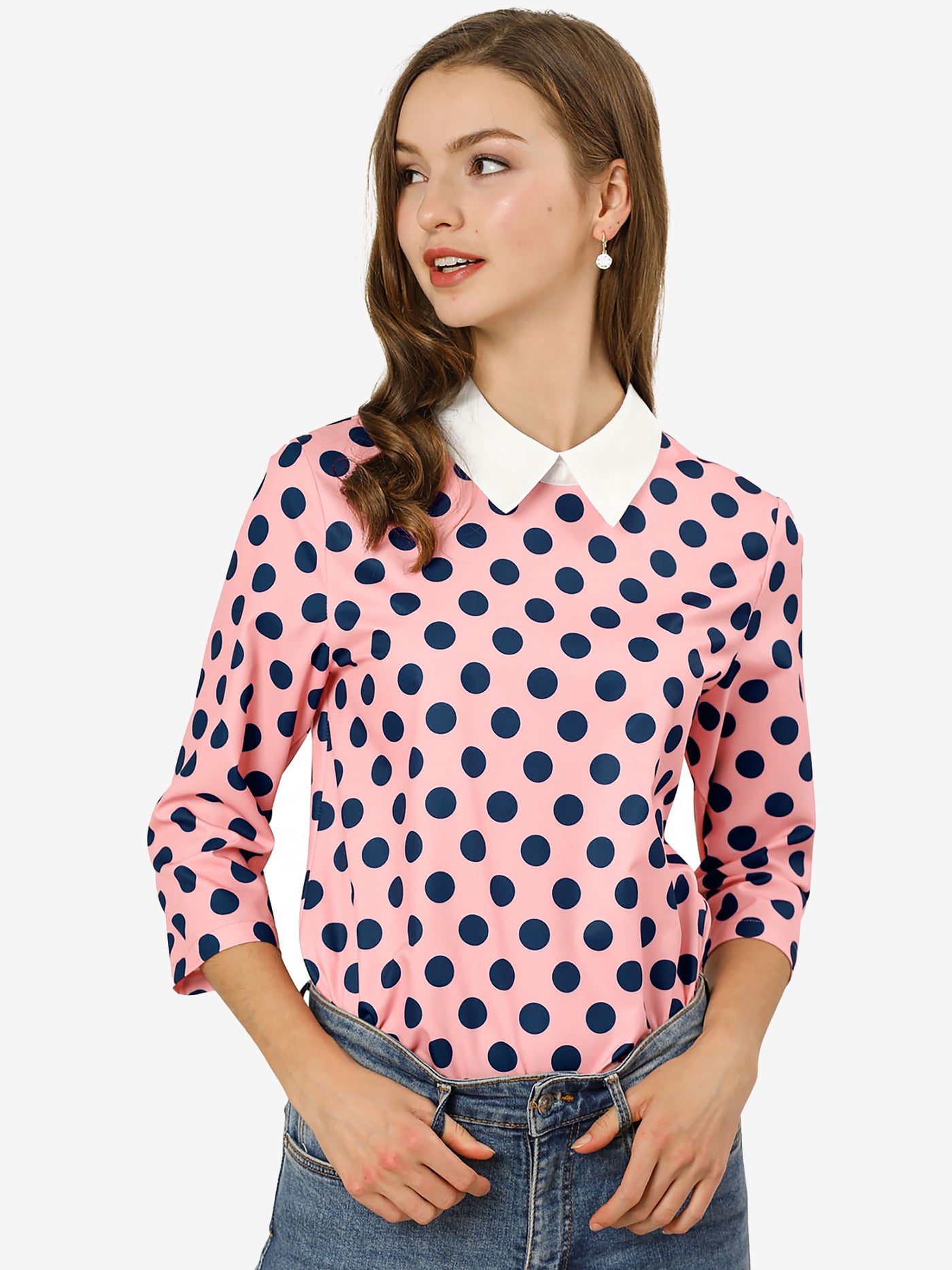 Allegra K Polka Dots Contrast Peter Pan Collar Top 3/4 Sleeve Blouse Shirt